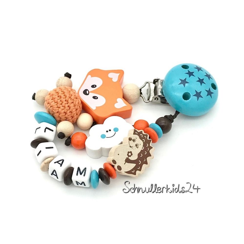 Schnullerkette mit Namen - Orangener Fuchs + Igel - Junge