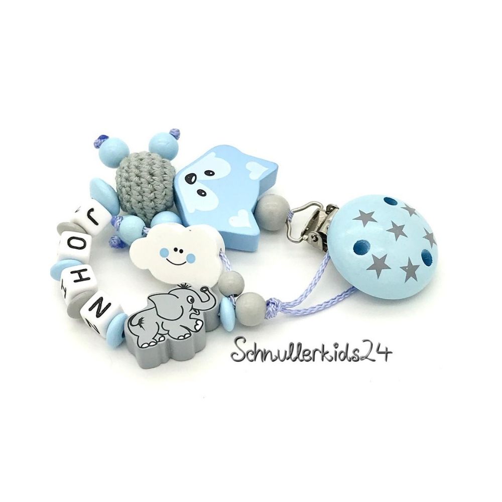 Schnullerkette mit Namen - Grauer Elefant + Blauer Fuchs - Junge