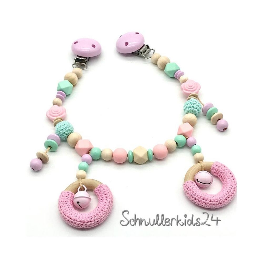 Kinderwagenkette - Glöckchen, Mint, Natur, Rosa