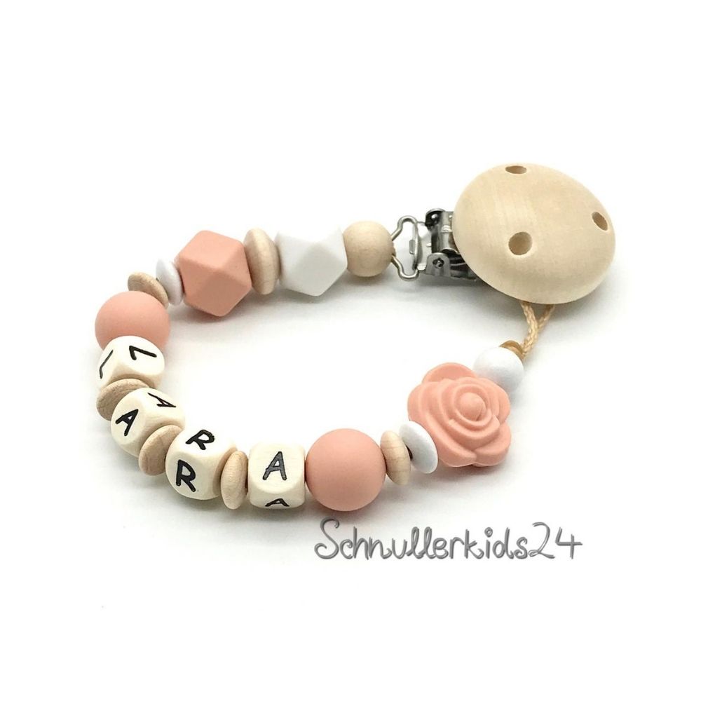 Schnullerkette mit Namen - Aprikose, Weiß, Natur + Blume - Mädchen