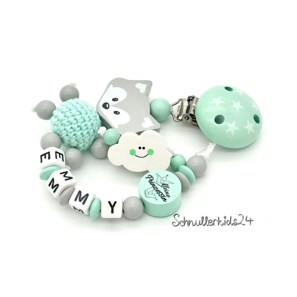 Schnullerkette mit Namen - Mint, Grau + Fuchs - Mädchen