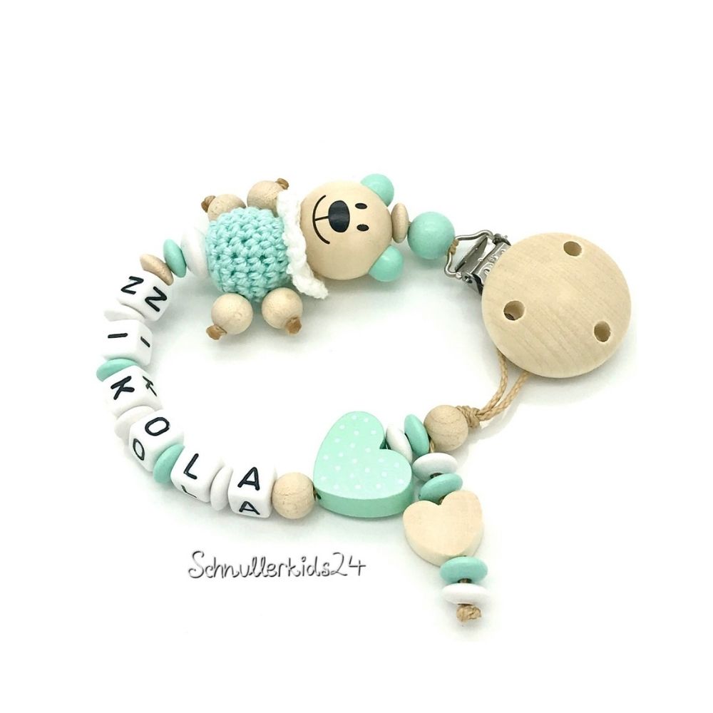 Schnullerkette mit Namen - Mint, Natur, Weiß + Teddy - Mädchen