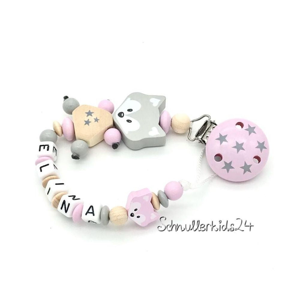 Schnullerkette mit Namen - Rosa, Grau, Fuchs - Mädchen