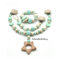3teiliges Sparset - Schnullerkette + Greifling + Kinderwagenkette - Mint/Natur, Häkelperle, Hexagon + Holz Stern
