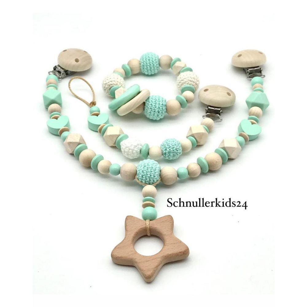 3teiliges Sparset - Schnullerkette + Greifling + Kinderwagenkette - Mint/Natur, Häkelperle, Hexagon + Holz Stern