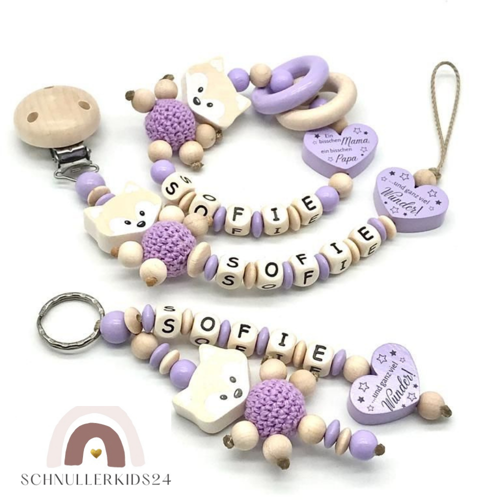 3-teiliges Set Greifling Schnullerkette und Taschenbaumler mit Namen Ein bisschen Mama und Papa Mädchen Natur