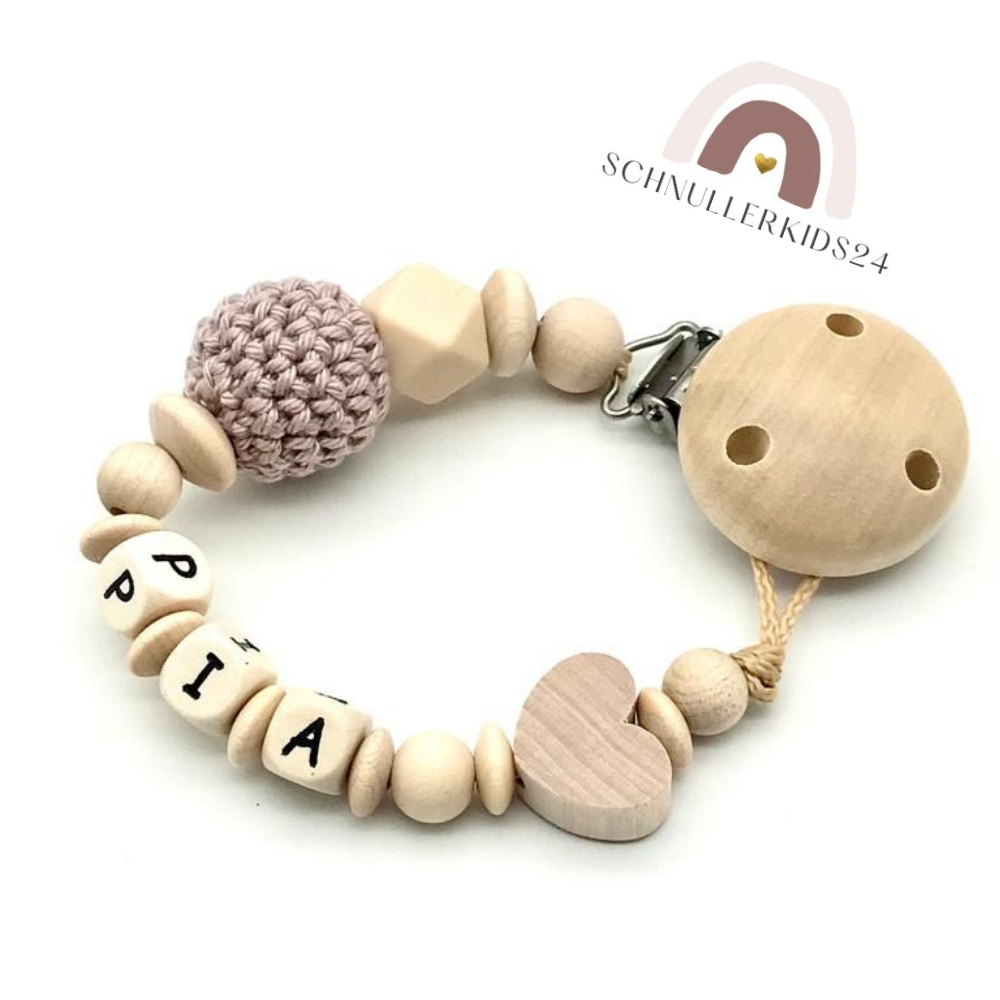 Schnullerkette personalisiert Name Mädchen Junge Holzbuchstaben weiß taupe beige braun Babyaccessoires Geschenk Geburt
