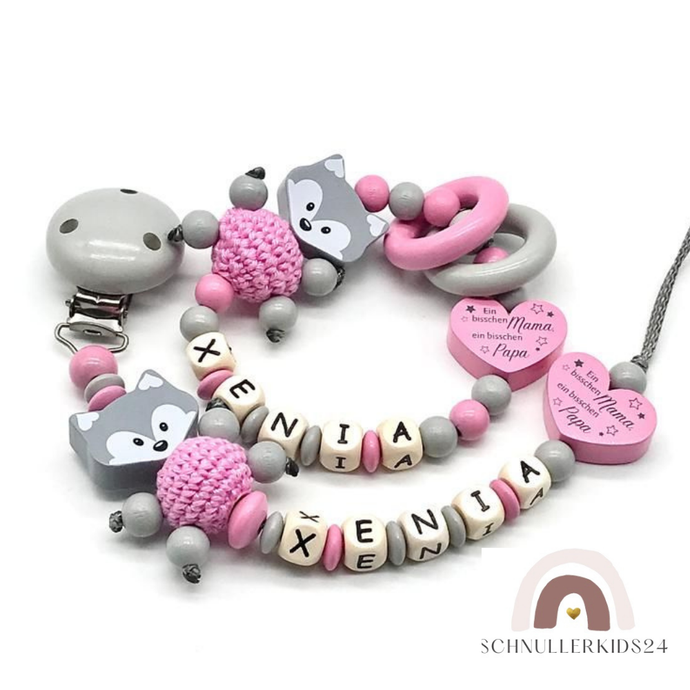 Set Greifling Schnullerkette mit Namen Ein bisschen Mama und Papa Mädchen