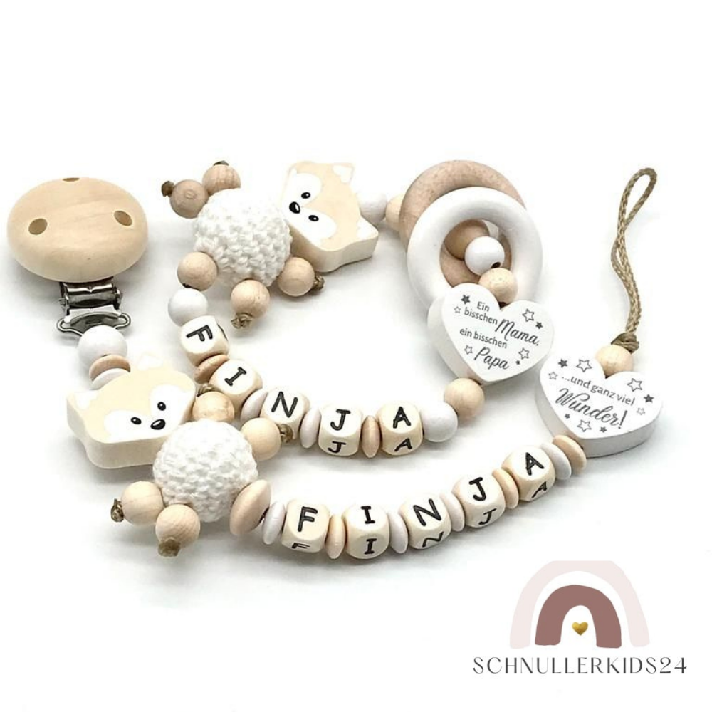 Set Greifling Schnullerkette mit Namen Ein bisschen Mama und Papa für Mädchen Junge Natur