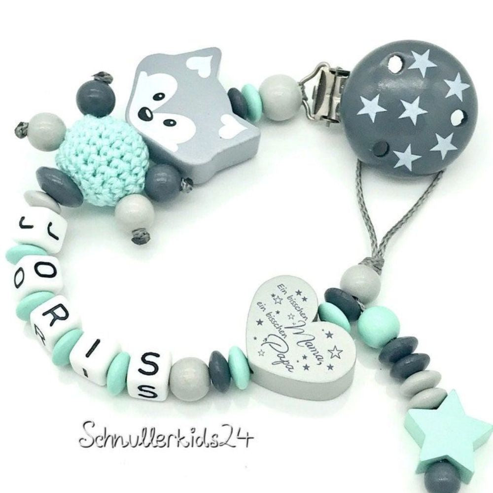 Schnullerkette mit Namen Junge Fuchs Häkelperle Ein biisschen Mama/Papa Mint Grau Geburt Taufe Babygeschenk