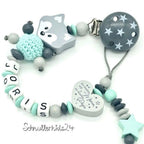 Schnullerkette mit Namen Junge Fuchs Häkelperle Ein biisschen Mama/Papa Mint Grau Geburt Taufe Babygeschenk