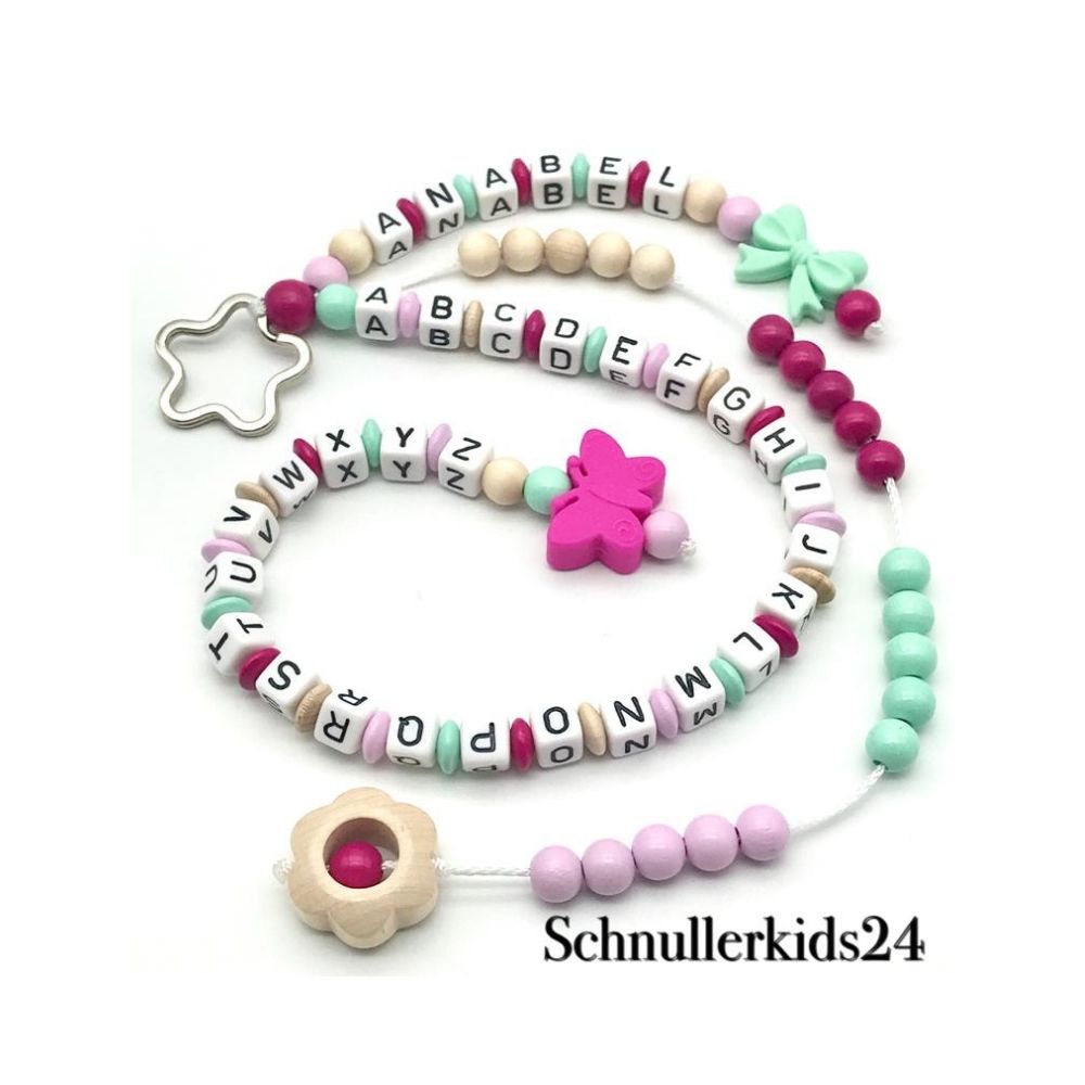 Rechenkette + ABC Kette - Schleife, Natur, Magenta, Mint, Rosa + Schmetterling