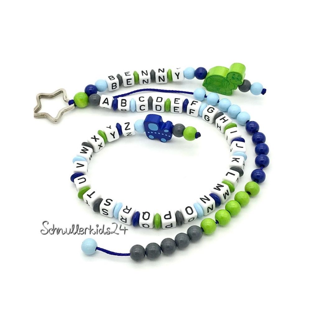 Rechenkette + ABC Kette - Schildkröte, Baby Blau, Grün, Grau + Auto