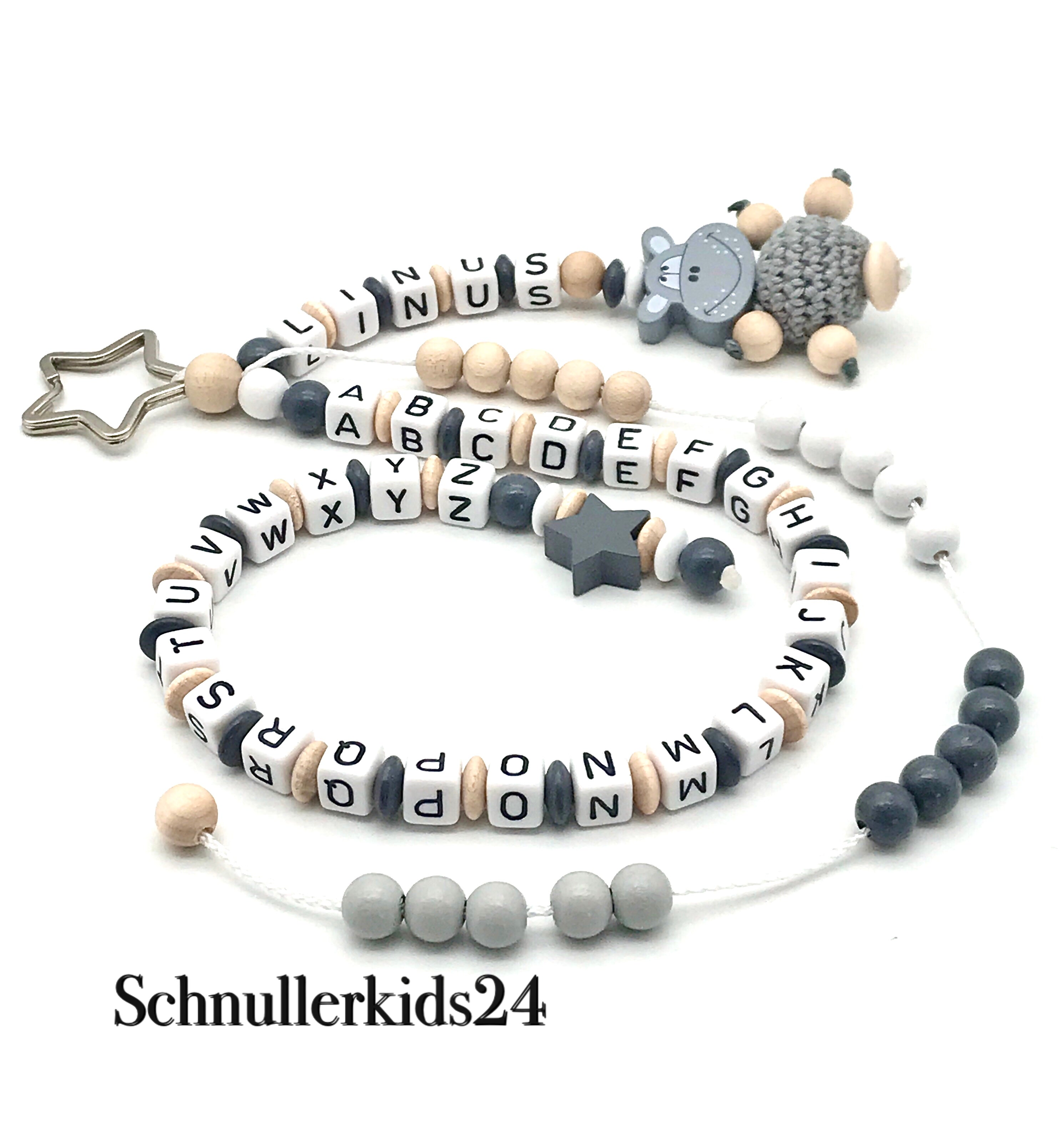Rechenkette + ABC Kette - Schwarz, Grau, Natur, Stern + Hippo