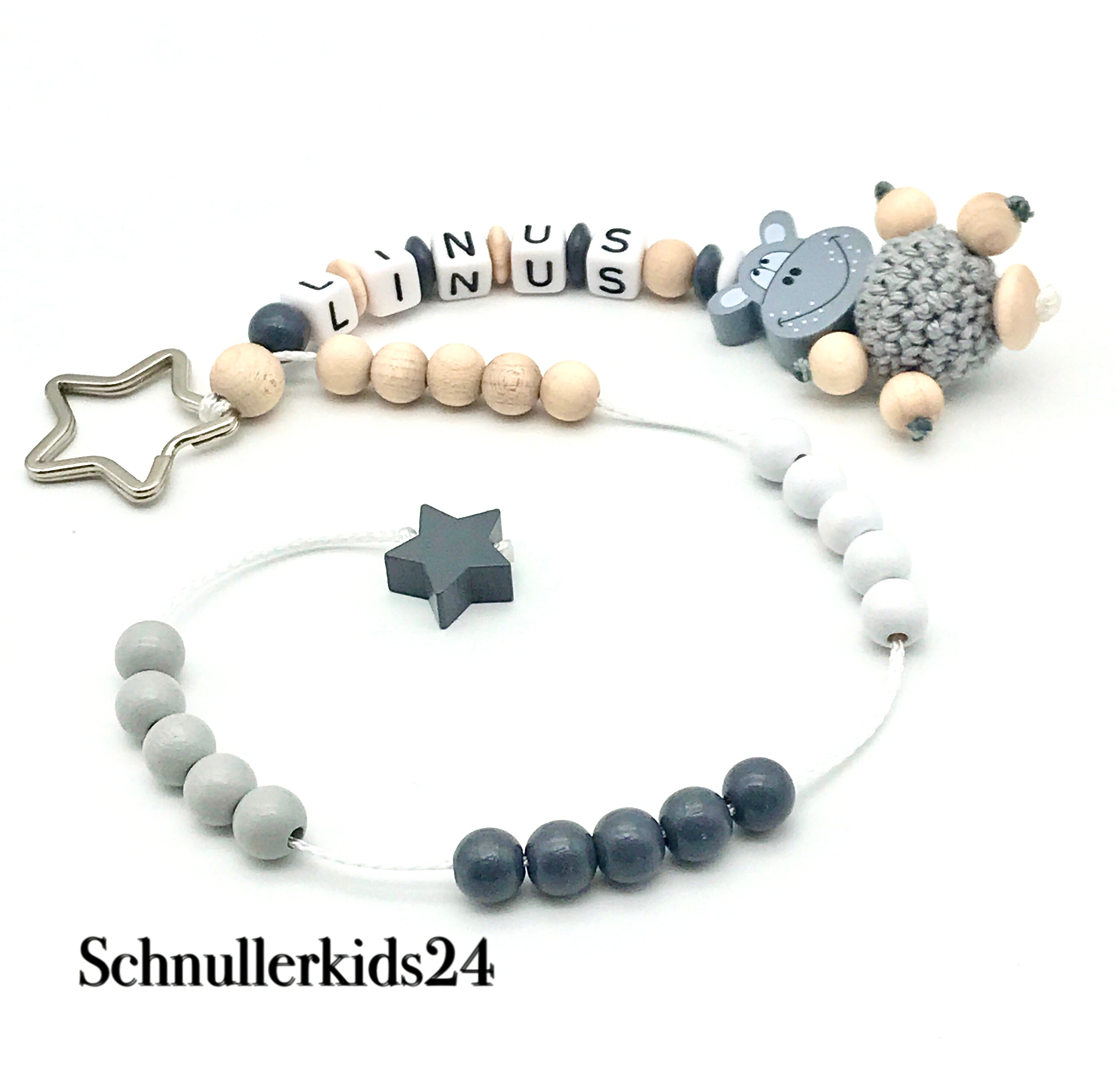 Rechenkette + ABC Kette - Schwarz, Grau, Natur, Stern + Hippo