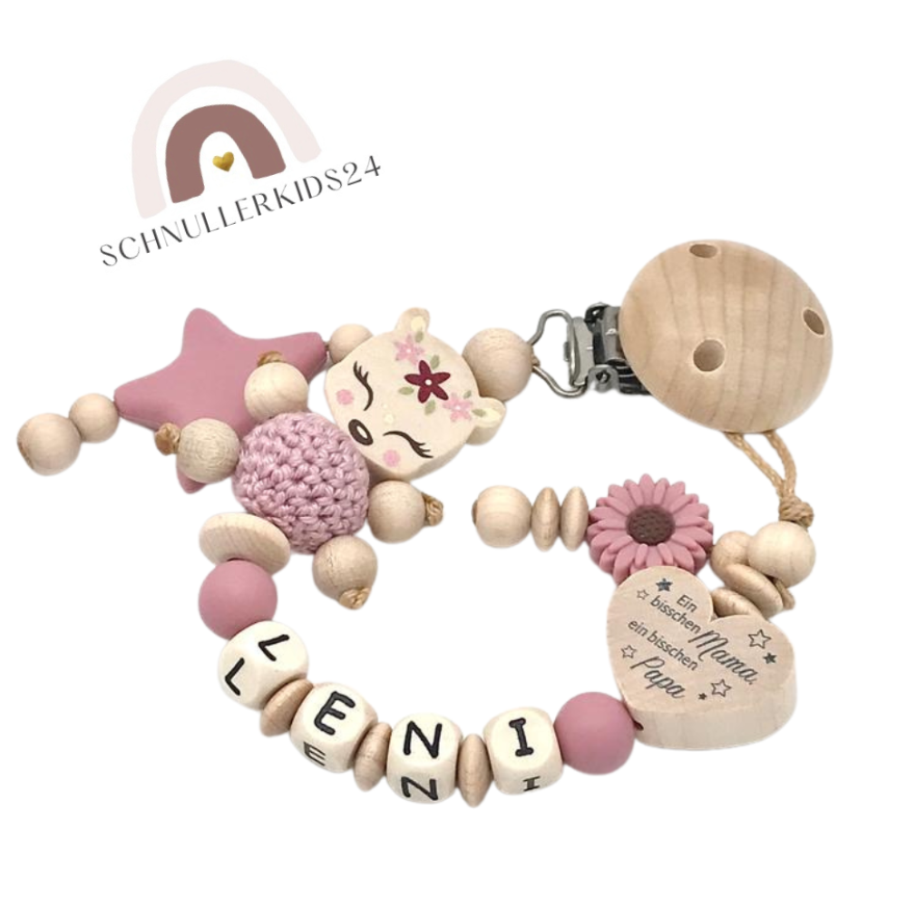 Schnullerkette mit Namen und Reh, Herz Mama und Papa und viel Wunder Schnullerhalter für Mädchen in wunderschöne Farben Geschenk Geburt Baby