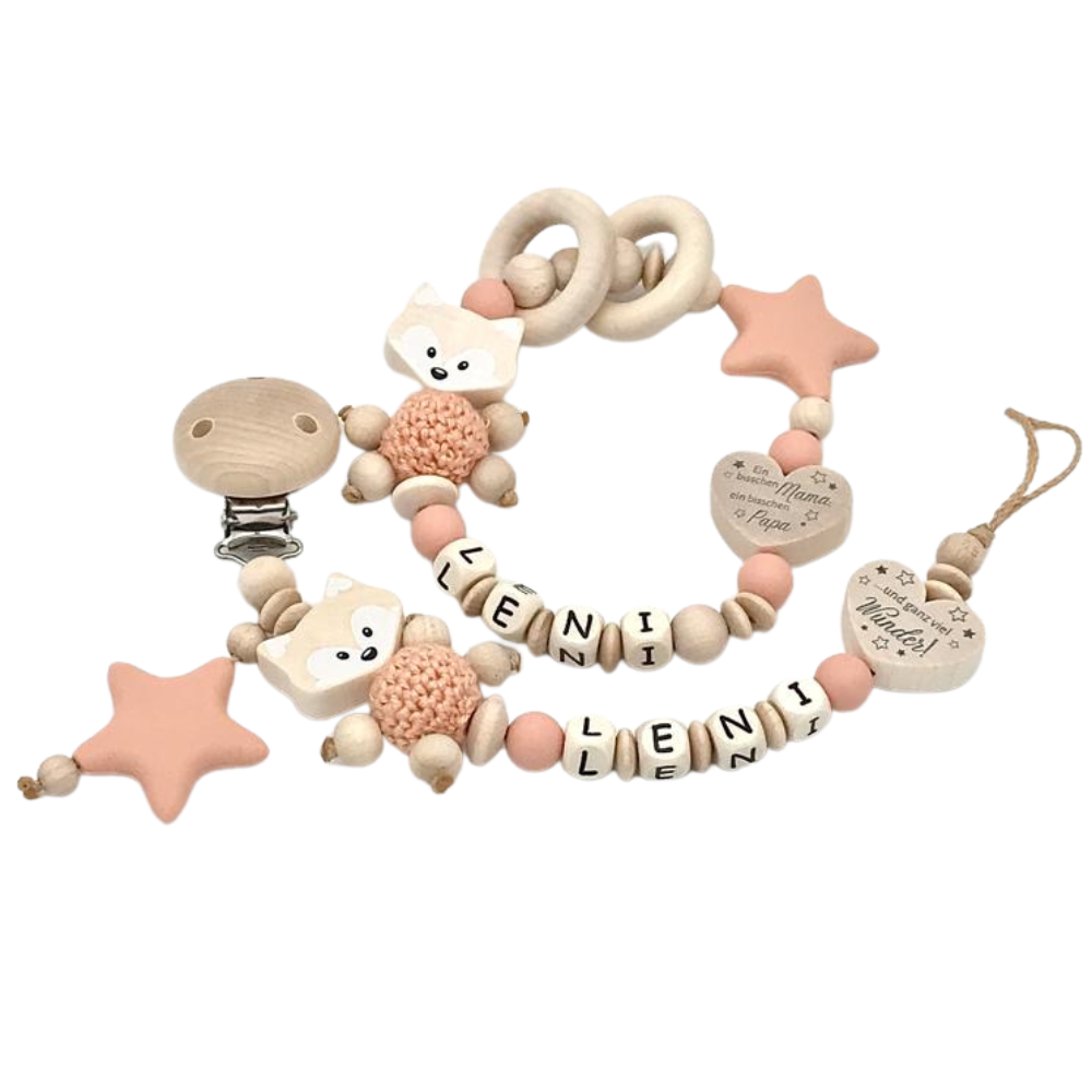 Schnullerkette und Greifling im Set Fuchs Mädchen Babygeschenk zur Geburt Taufe Babyparty Geburtstag