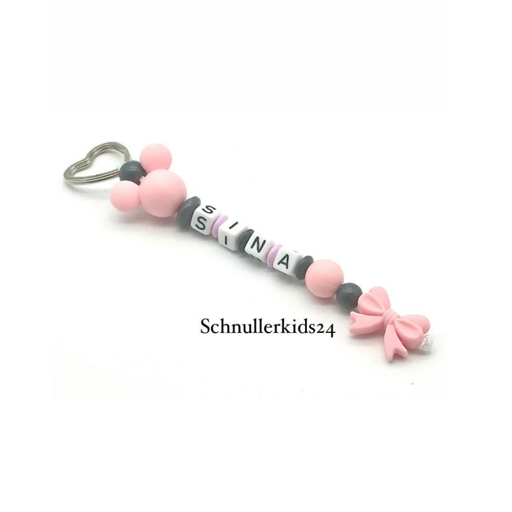Schlüsselanhänger - Minnie Maus, Baby Rosa, Silikon Schleife
