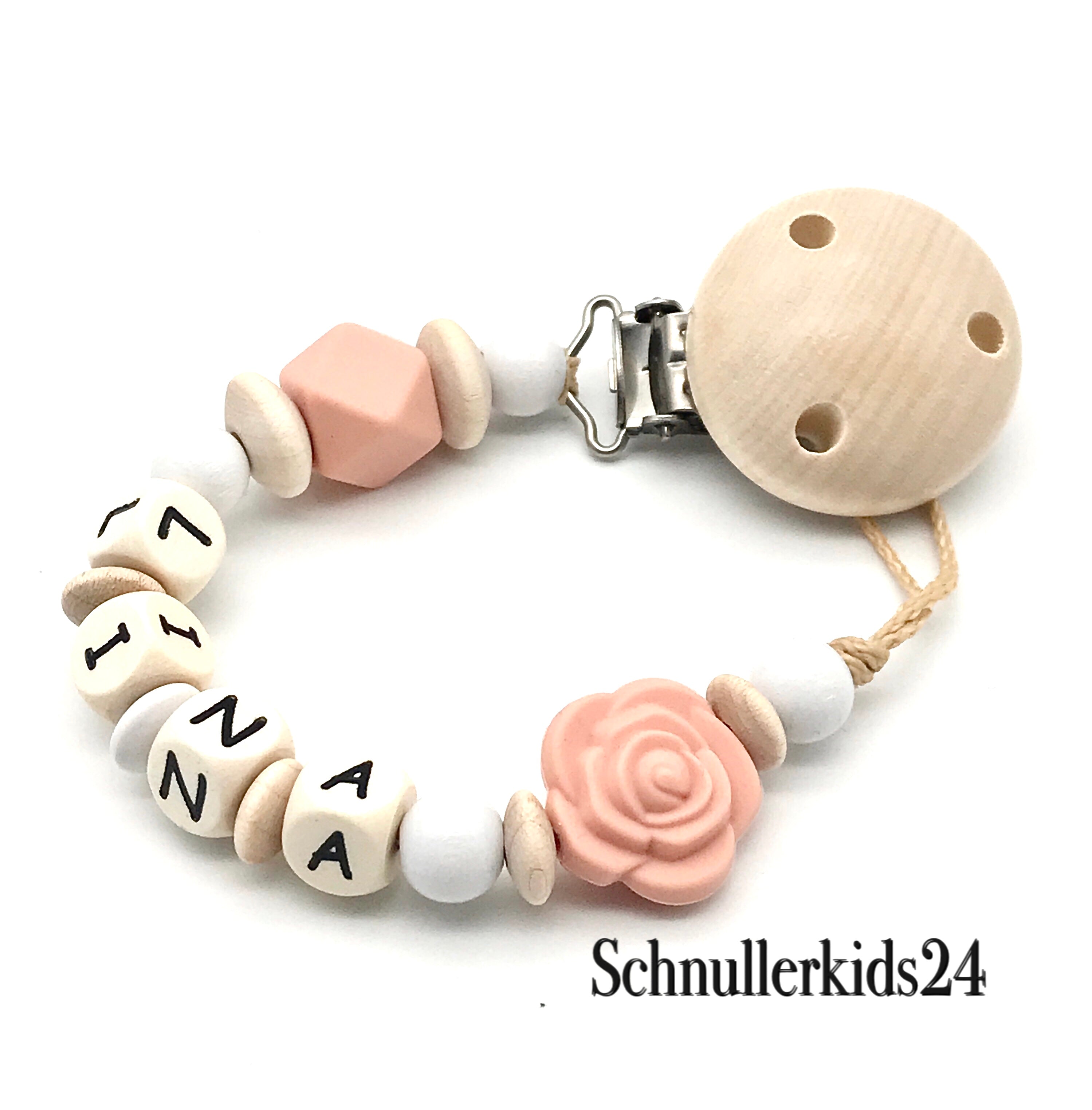 Schnullerkette mit Namen - Aprikose, Hexagon, Natur + Blume - Mädchen