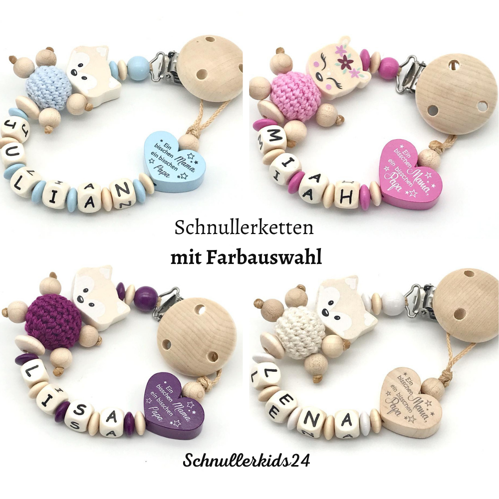 Schnullerkette mit Wunschnamen in verschiedenen Farbvarianten -"Ein bisschen Mama, ein bisschen Papa und ganz viel Wunder"
