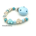 Schnullerkette mit Namen - Natur/Baby Blau + Kleine Autos - Junge