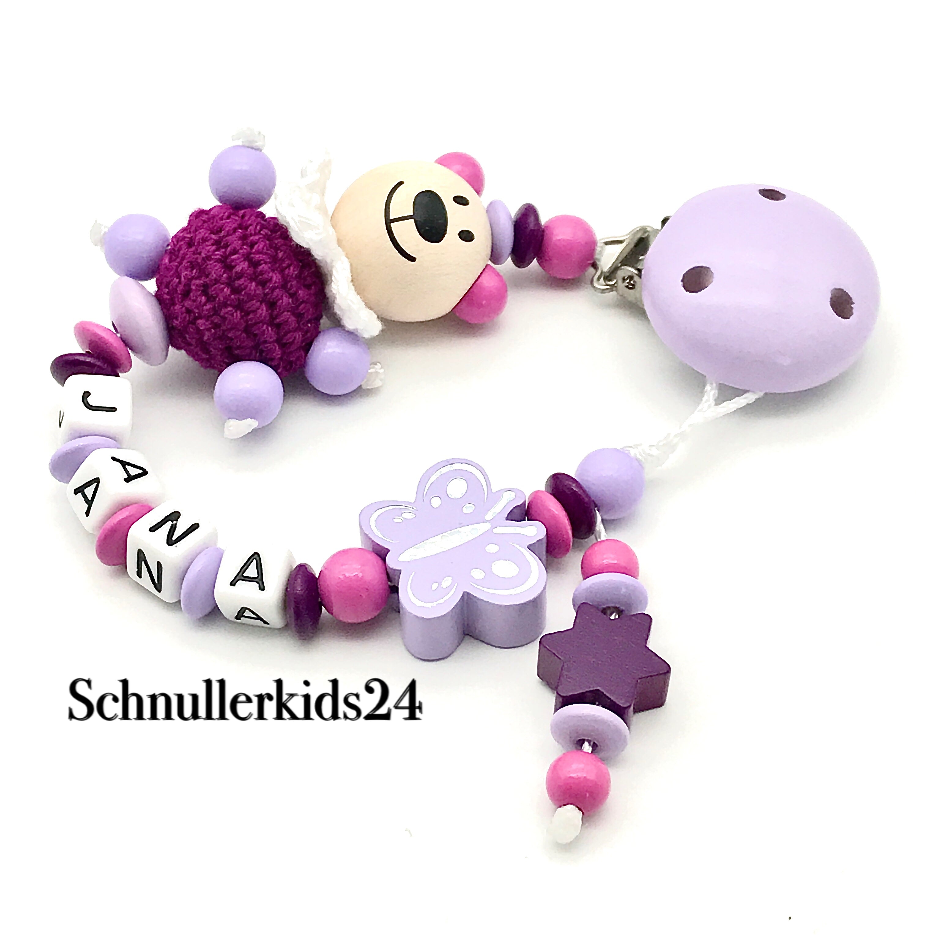 Schnullerkette mit Namen - Teddy, Flieder + Holz Schmetterling - Mädchen