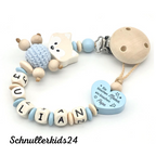 Schnullerkette mit Wunschnamen in verschiedenen Farbvarianten -"Ein bisschen Mama, ein bisschen Papa und ganz viel Wunder"