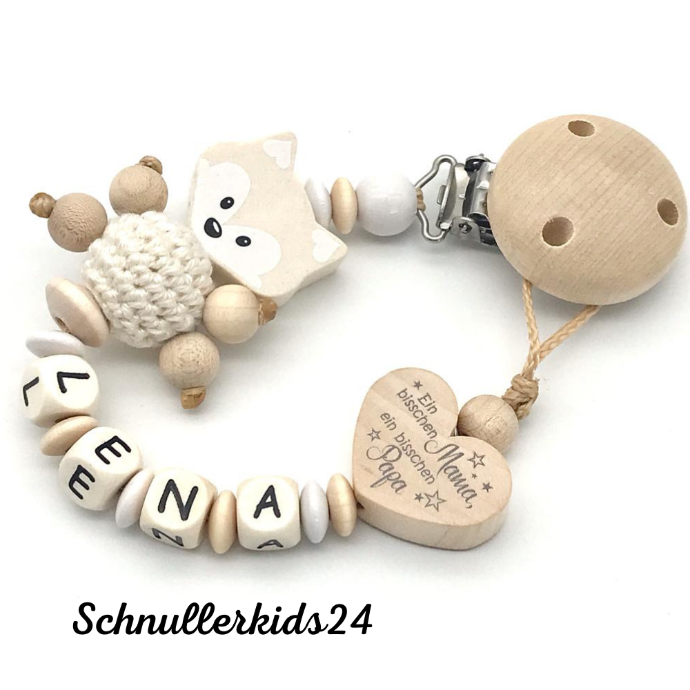 Schnullerkette mit Wunschnamen in verschiedenen Farbvarianten -"Ein bisschen Mama, ein bisschen Papa und ganz viel Wunder"
