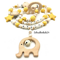 3teiliges Sparset - Schnullerkette + Greifling + Kinderwagenkette - Aprikose + Holz Elefant