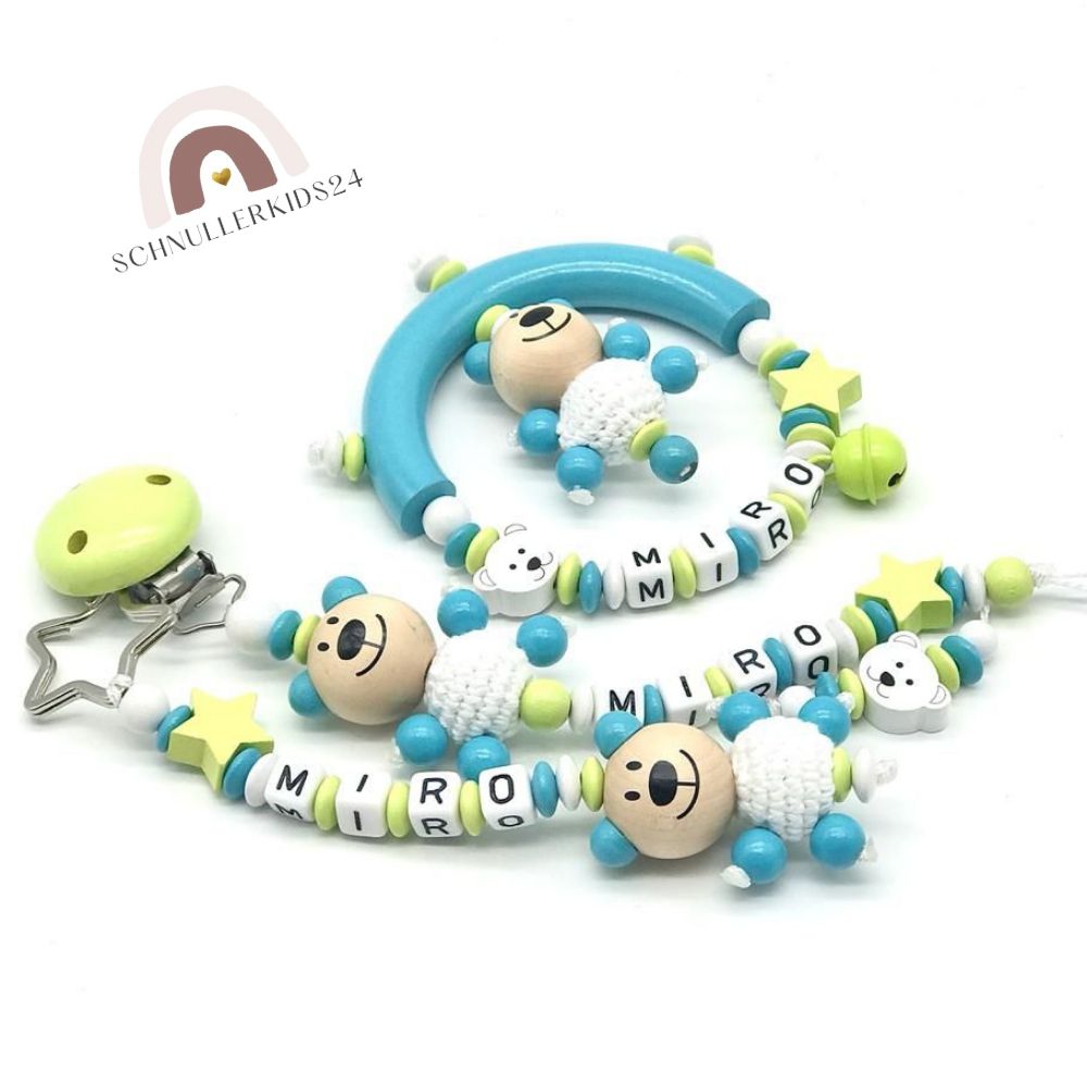 Baby Geschenke Set 3-teilig Schnullerkette Greifling und Namensanhänger Schlüsselanhänger