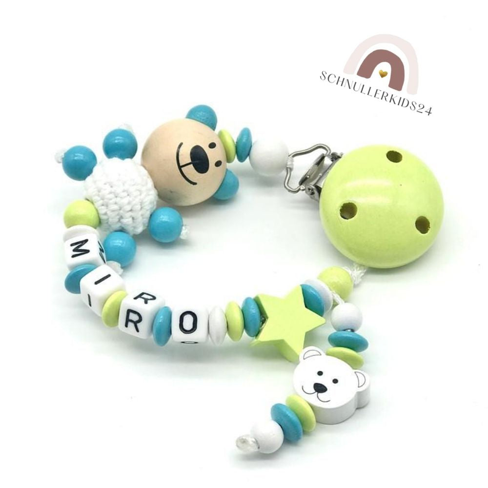 Baby Geschenke Set 3-teilig Schnullerkette Greifling und Namensanhänger Schlüsselanhänger