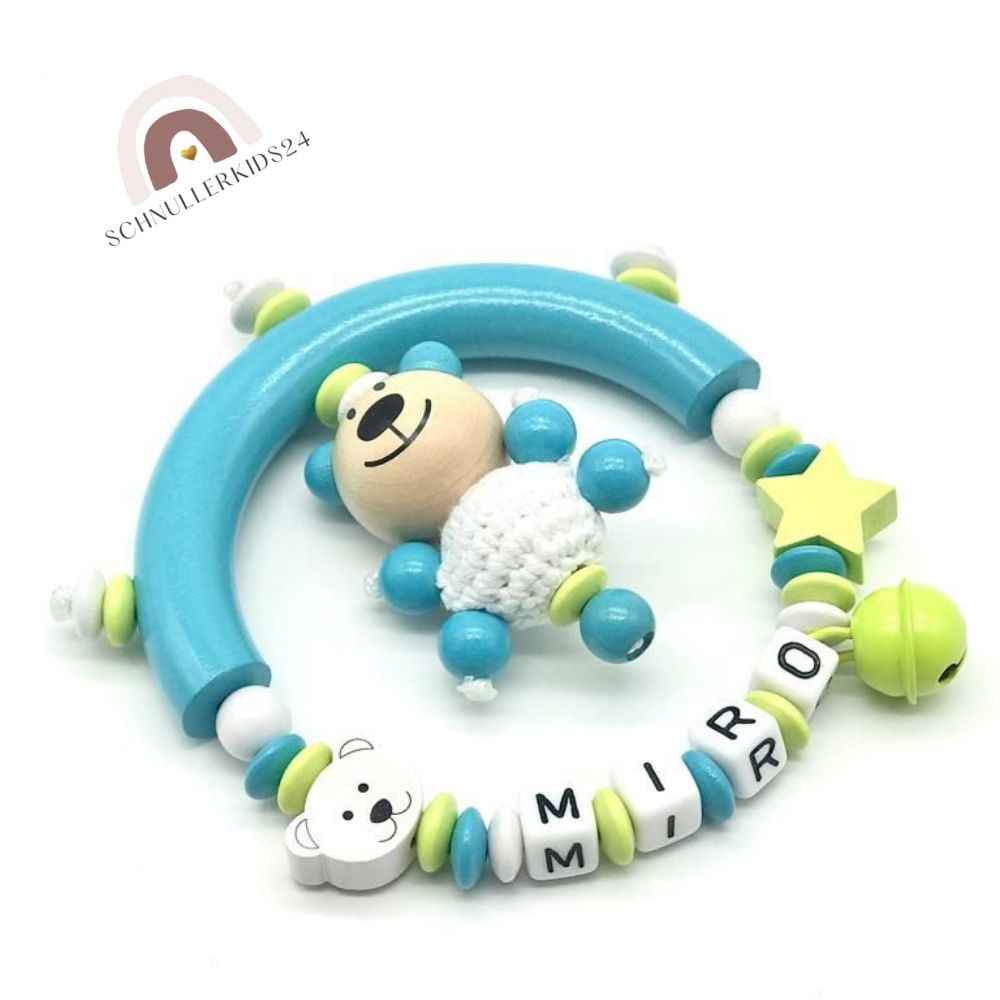 Baby Geschenke Set 3-teilig Schnullerkette Greifling und Namensanhänger Schlüsselanhänger