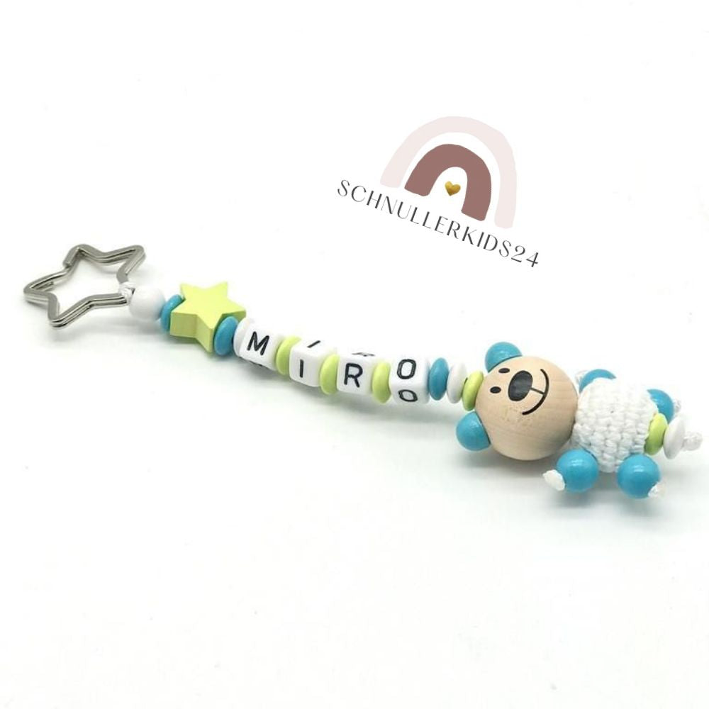 Baby Geschenke Set 3-teilig Schnullerkette Greifling und Namensanhänger Schlüsselanhänger