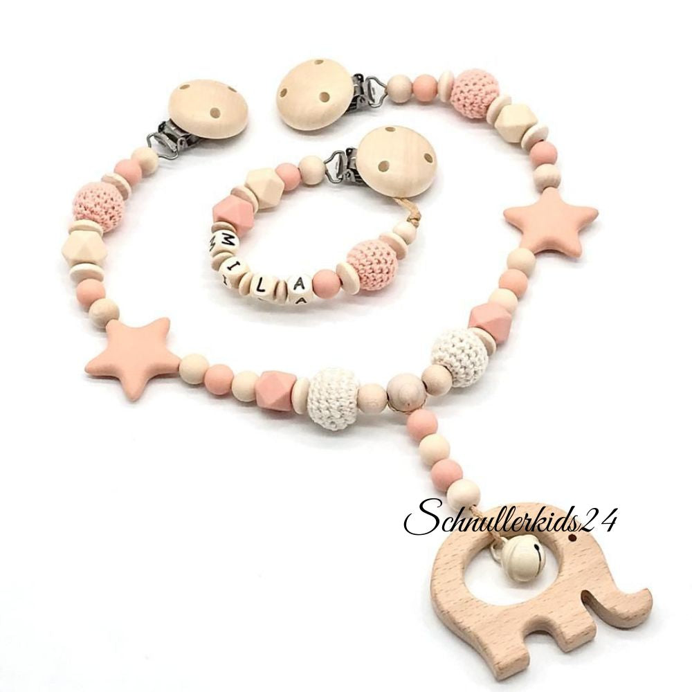 Schnullerkette mit Namen Kinderwagenkette im Set Mädchen Silikon Stern Elefant Geschenk Geburt Taufe Babyparty