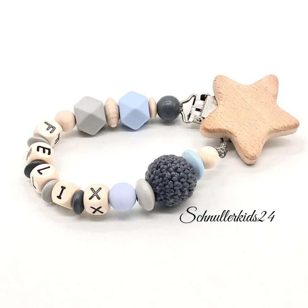 Schnullerkette mit Namen Kinderwagenkette im Set Junge Silikon Stern Stoffstern Geschenk Baby Babyshower Babyboy