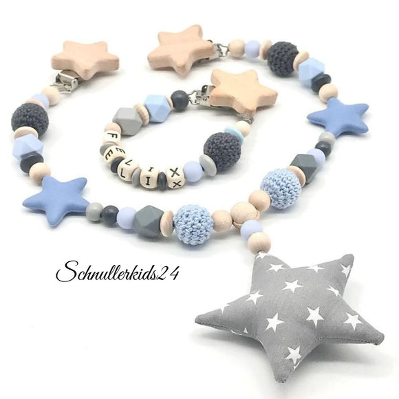 Schnullerkette mit Namen Kinderwagenkette im Set Junge Silikon Stern Stoffstern Geschenk Baby Babyshower Babyboy