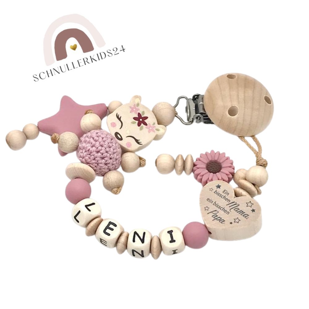 Schnullerkette mit Namen und Reh, Herz Mama und Papa und viel Wunder Schnullerhalter für Mädchen in wunderschönen Farben Geschenk Geburt Baby
