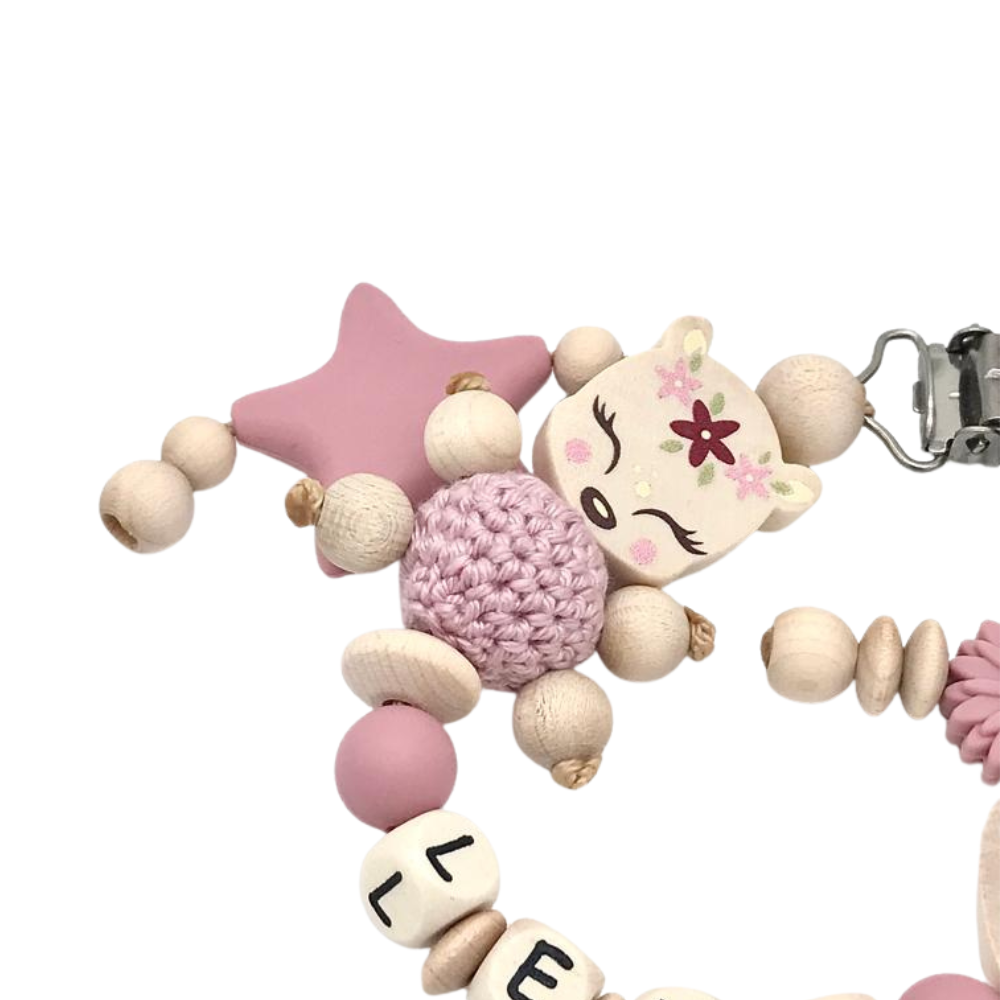 Schnullerkette mit Namen und Reh, Herz Mama und Papa und viel Wunder Schnullerhalter für Mädchen in wunderschönen Farben Geschenk Geburt Baby