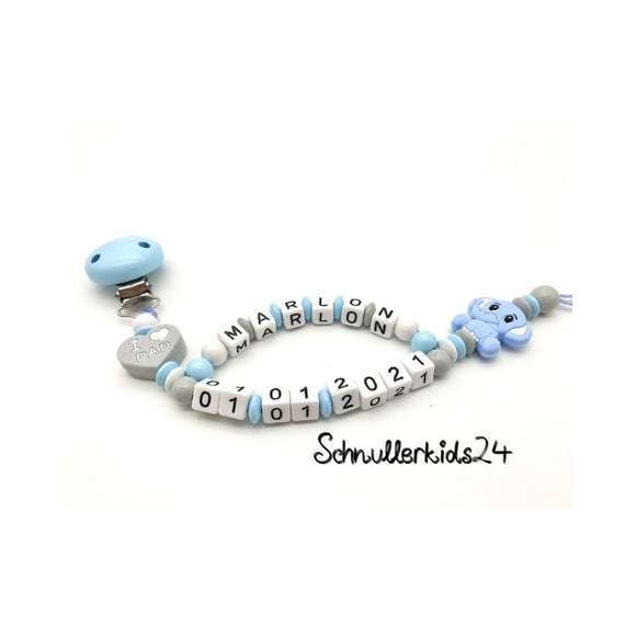 Schnullerkette mit Namen - I ♥ DAD/MUM - Junge