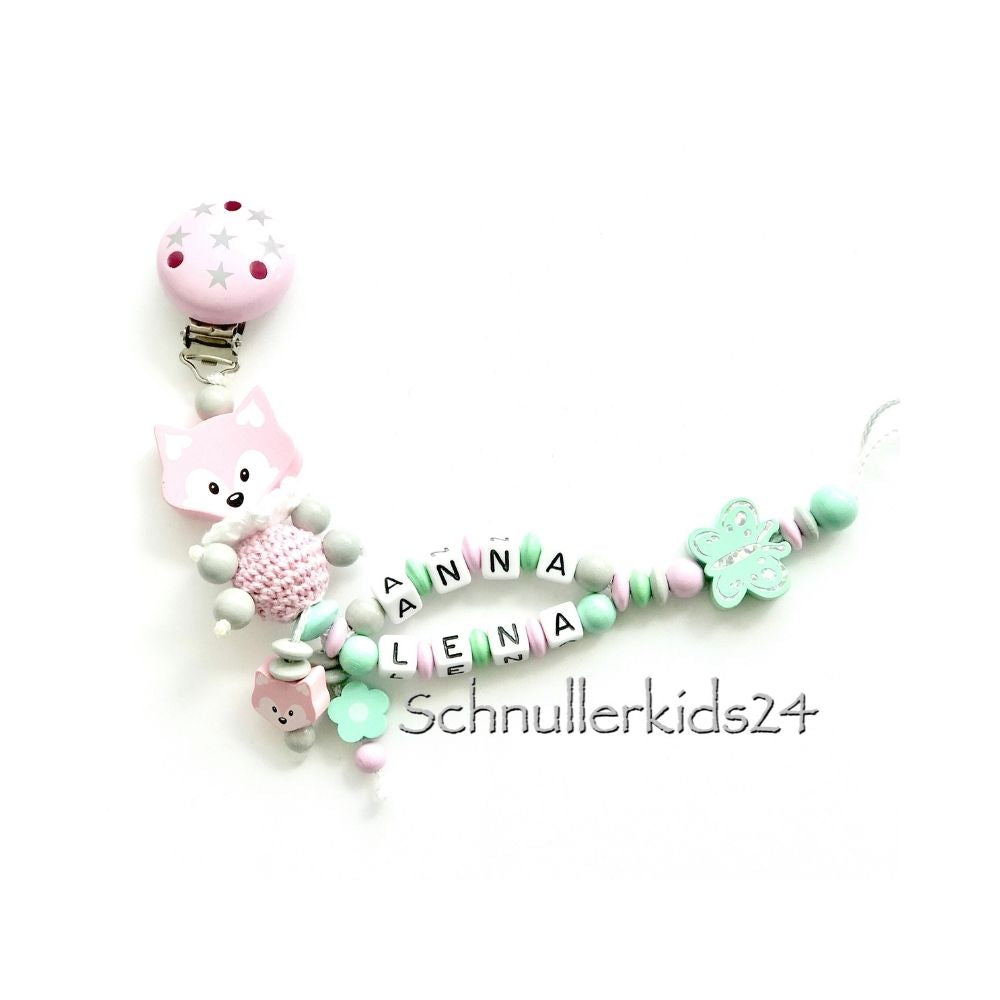 Schnullerkette mit Namen - Schmetterling, Rosa, Mint + Fuchs - Mädchen