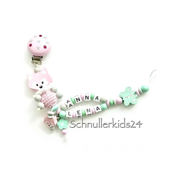 Schnullerkette mit Namen - Schmetterling, Rosa, Mint + Fuchs - Mädchen