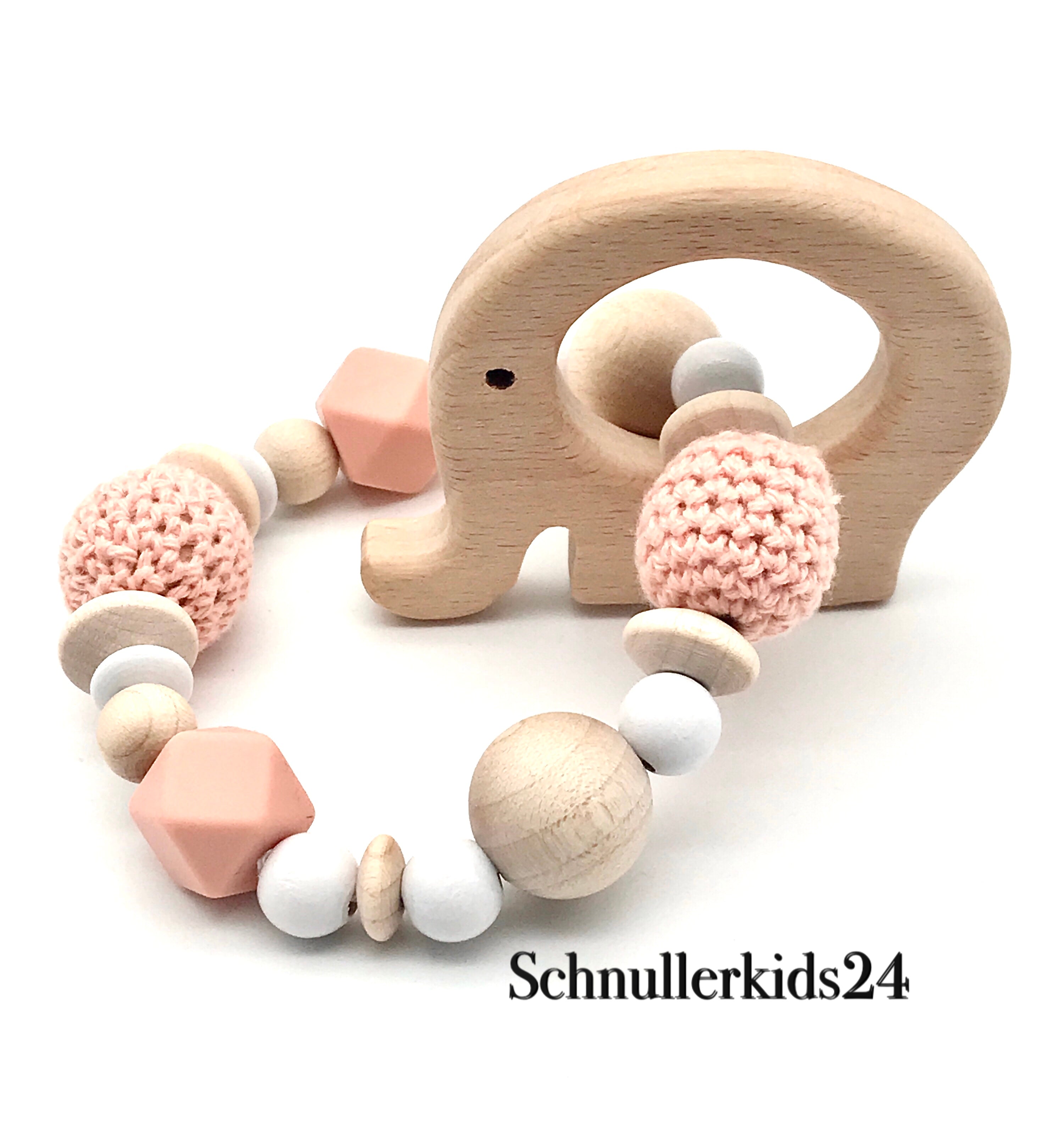 Greifling - Aprikose, Häkelperle + Holz Elefant - Mädchen
