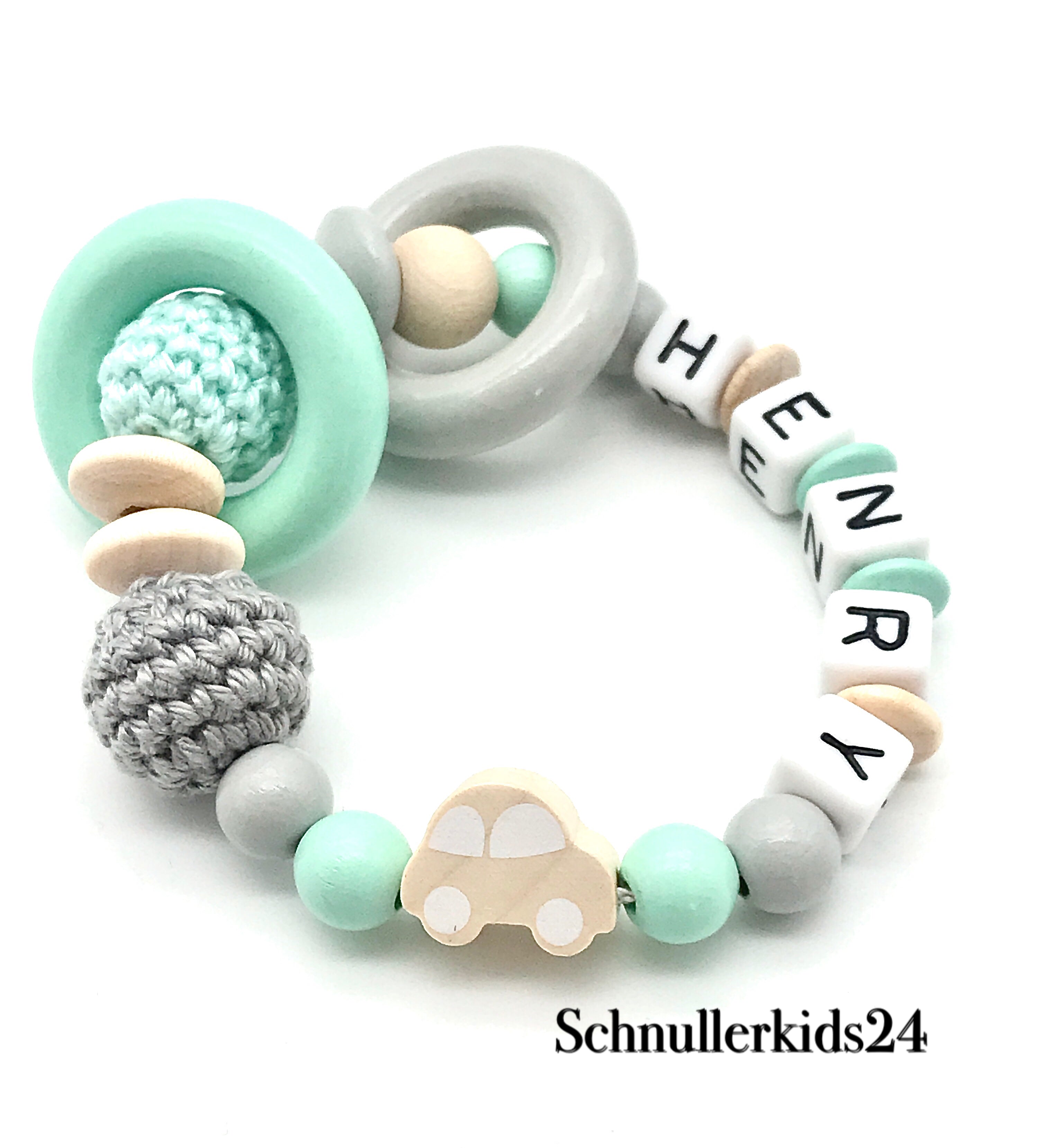Greifling - 2 Ringe, Holz Auto, Mint/Natur + Häkelperle - Junge