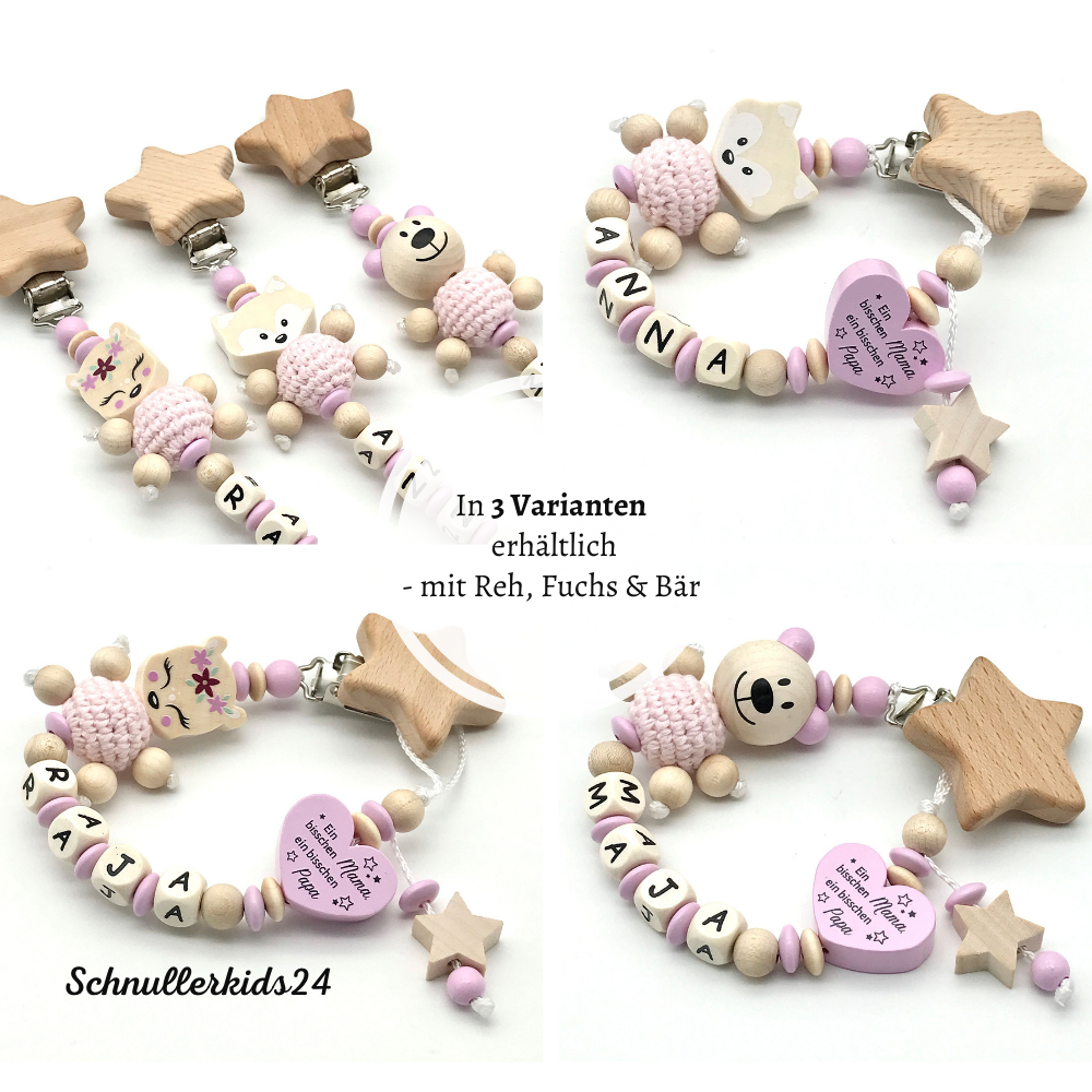 Schnullerkette mit Wunschnamen - In 3 Varianten mit Reh, Fuchs und Bär in rosa & Natur + "Ein bisschen Mama, ein bisschen Papa und ganz viel Wunder"