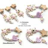 Schnullerkette mit Wunschnamen - In 3 Varianten mit Reh, Fuchs und Bär in rosa & Natur + "Ein bisschen Mama, ein bisschen Papa und ganz viel Wunder"