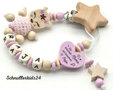 Schnullerkette mit Wunschnamen - In 3 Varianten mit Reh, Fuchs und Bär in rosa & Natur + "Ein bisschen Mama, ein bisschen Papa und ganz viel Wunder"