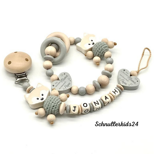 Set Greifling Schnullerkette mit Namen Ein bisschen Mama und Papa Junge Natur