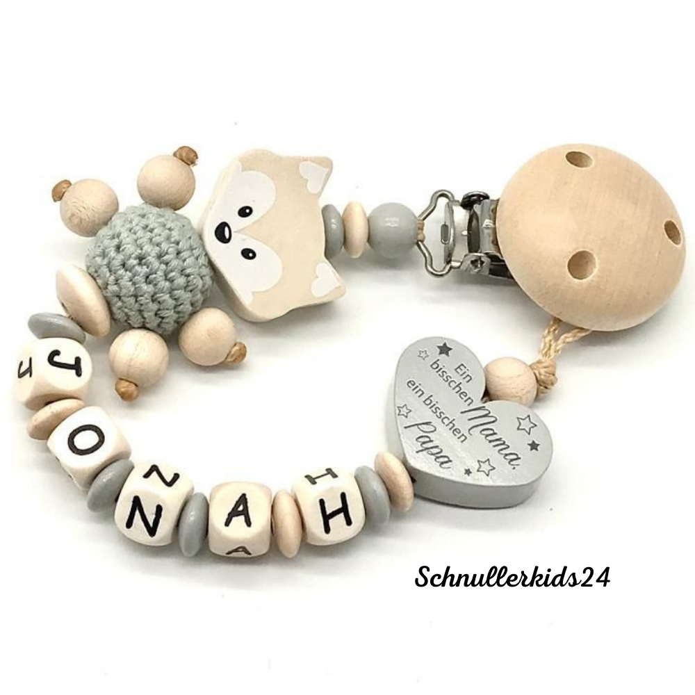 Set Greifling Schnullerkette mit Namen Ein bisschen Mama und Papa Junge Natur