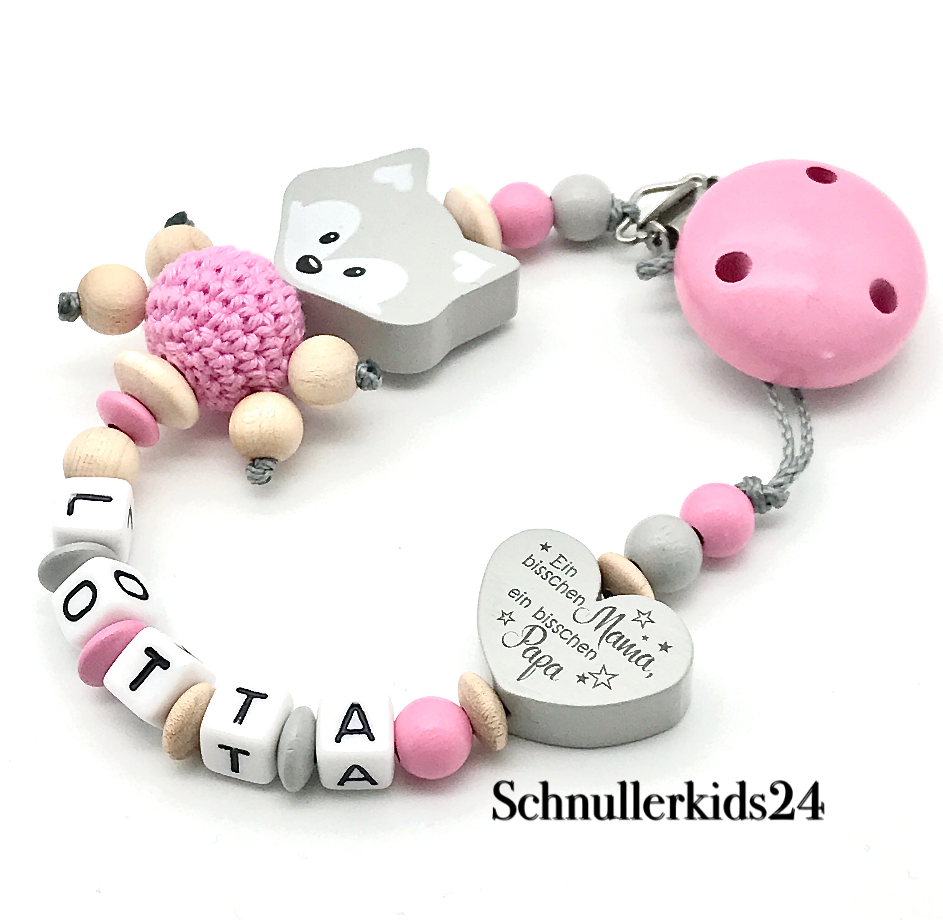 Schnullerkette mit Namen - Ein bisschen Mama, ein bisschen Papa, Grau + Fuchs - Mädchen