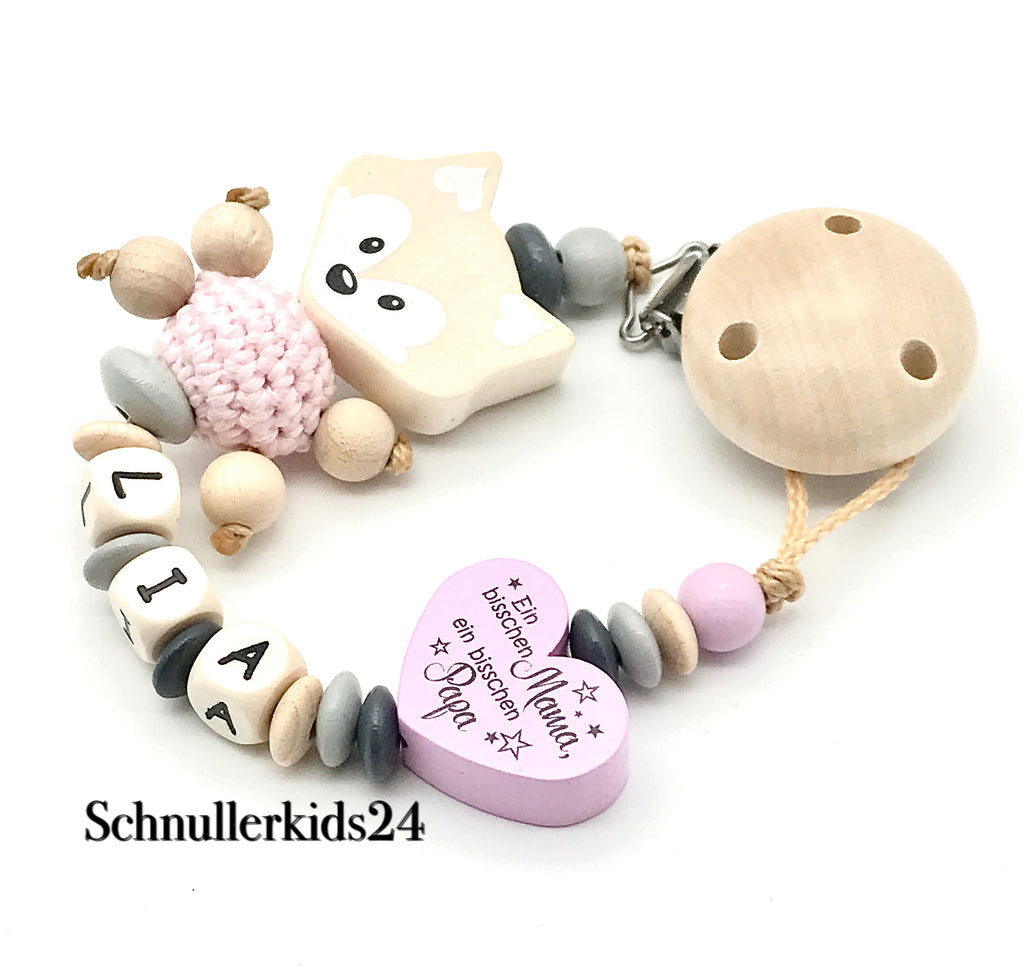 Schnullerkette mit Namen - Ein bisschen Mama, ein bisschen Papa, Babyrosa, + Natur Fuchs - Mädchen